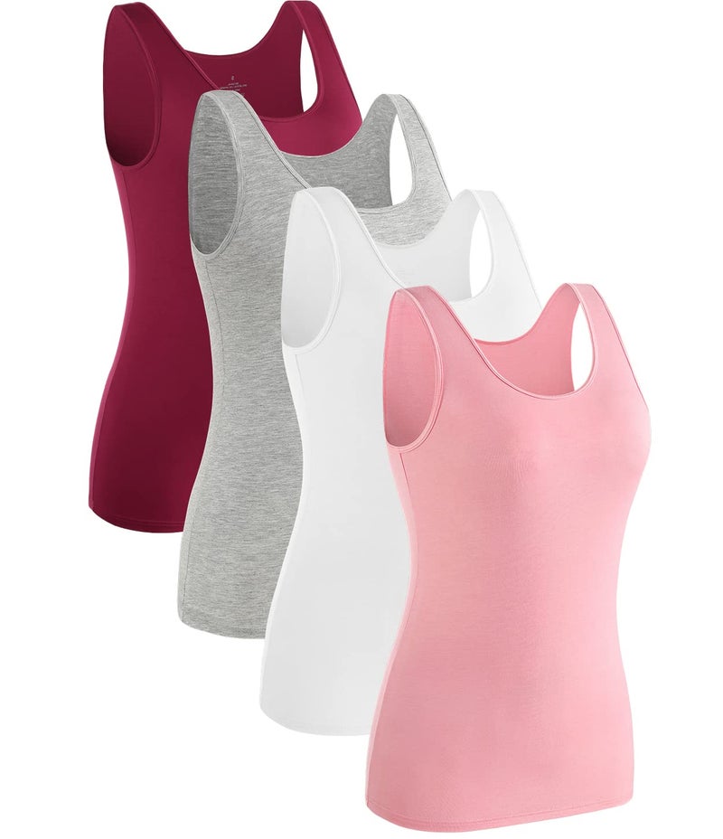 Rosyline 4 Piece Women Tank Tops Basic Sleeveless Undershirt Layering Tanks Wine Red/Grey/White/Pink XL - Image 1